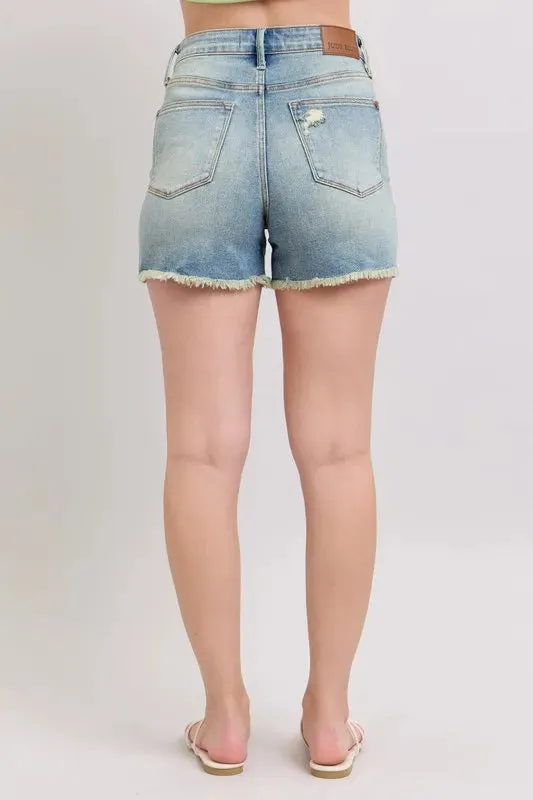 Judy Blue Full Size High Rise Washed Fly Stitch Detail and Destroy Denim Shorts Plus Size