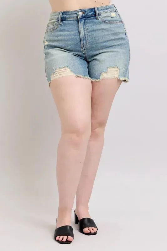 Judy Blue Full Size High Rise Washed Fly Stitch Detail and Destroy Denim Shorts Plus Size