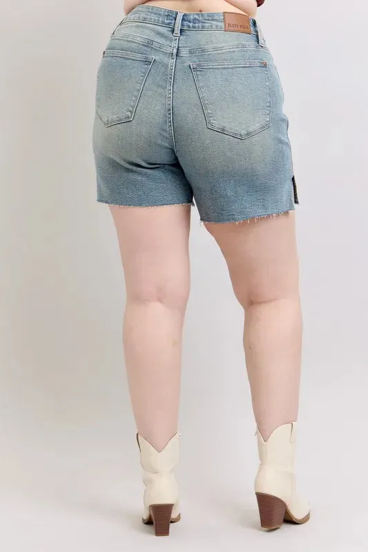 Judy Blue Full Size High Waist Vintage Wash Side Slit Denim Shorts Plus Size
