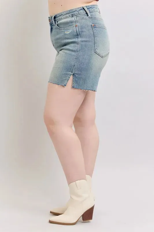 Judy Blue Full Size High Waist Vintage Wash Side Slit Denim Shorts Plus Size