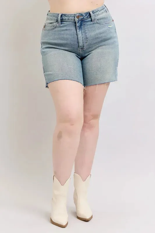 Judy Blue Full Size High Waist Vintage Wash Side Slit Denim Shorts Plus Size