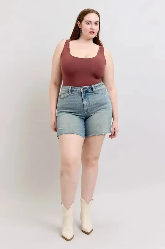 Judy Blue Full Size High Waist Vintage Wash Side Slit Denim Shorts Plus Size