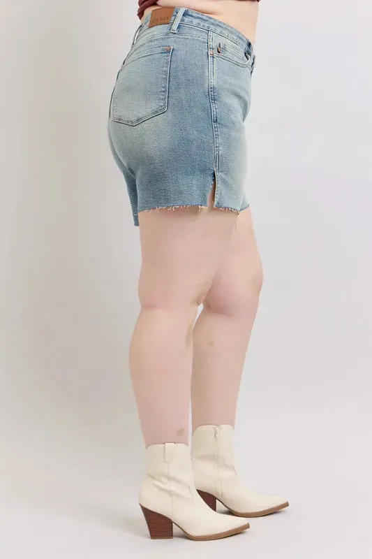 Judy Blue Full Size High Waist Vintage Wash Side Slit Denim Shorts Plus Size