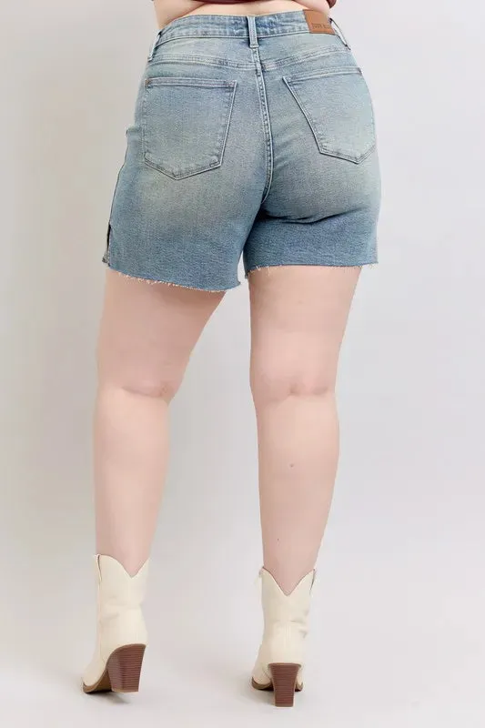 Judy Blue Full Size High Waist Vintage Wash Side Slit Denim Shorts Plus Size