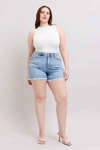 Judy Blue Tummy Control Raw Hem Denim Shorts Plus Size