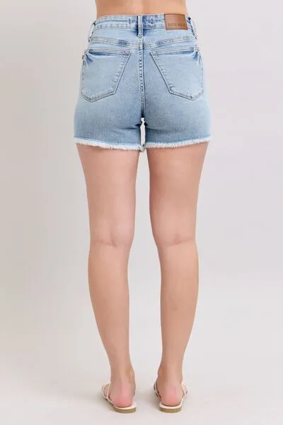Judy Blue Tummy Control Raw Hem Denim Shorts Plus Size