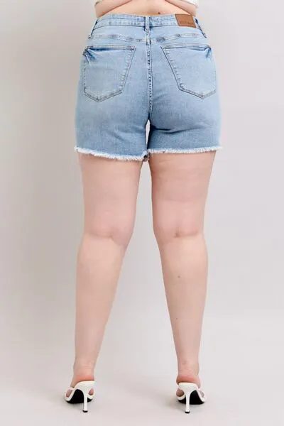 Judy Blue Tummy Control Raw Hem Denim Shorts Plus Size