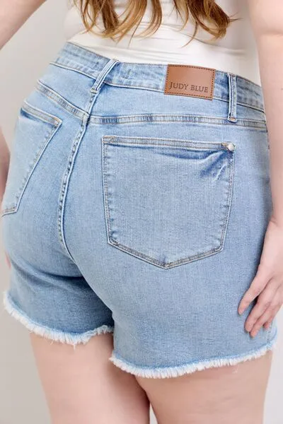 Judy Blue Tummy Control Raw Hem Denim Shorts Plus Size