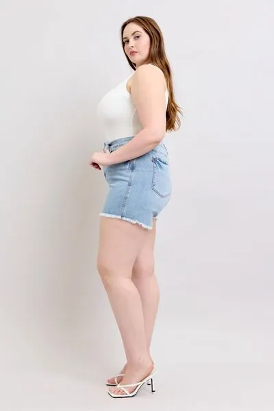 Judy Blue Tummy Control Raw Hem Denim Shorts Plus Size