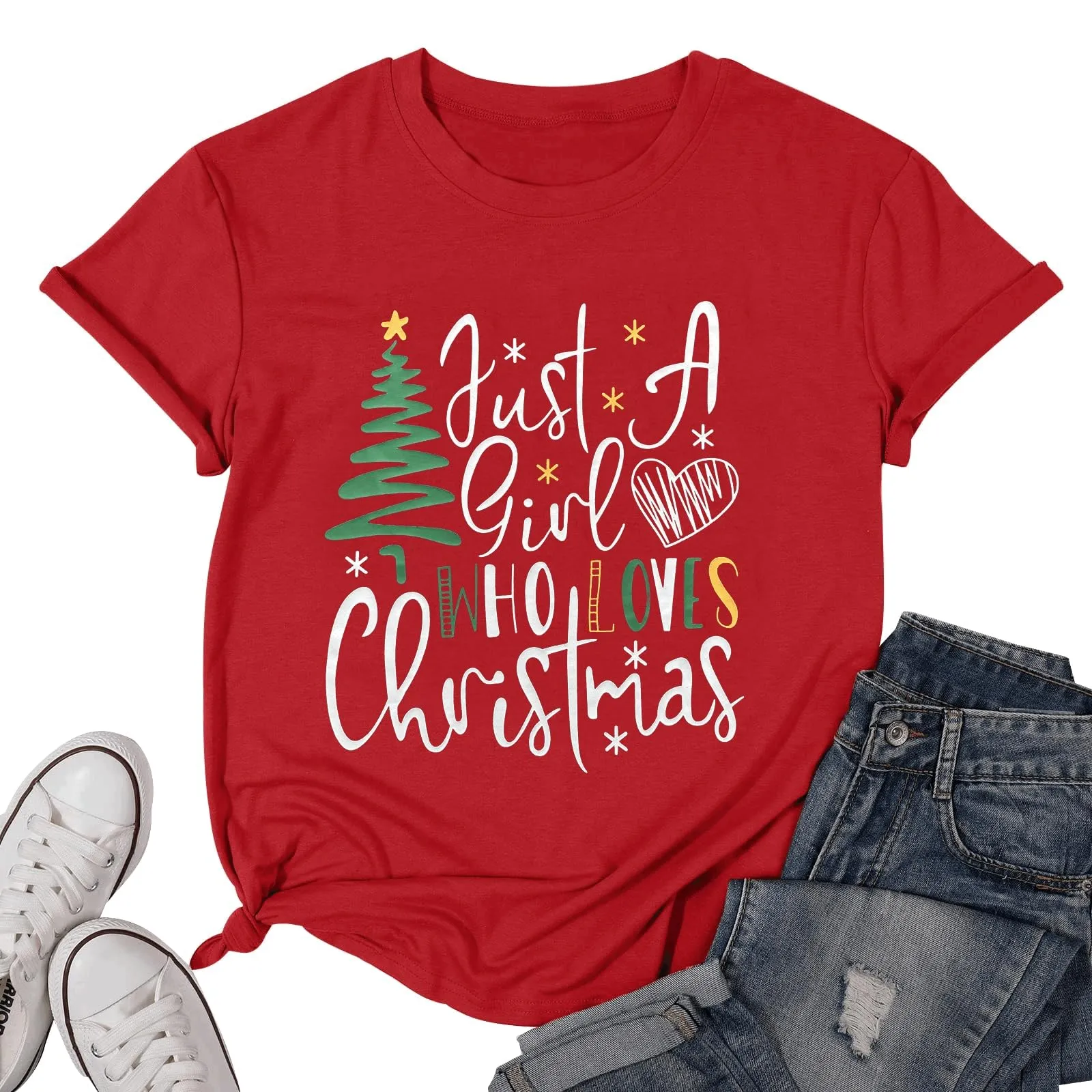 Just A Girl Who Loves Christmas Shirts 2024 Womens Christmas Tops Xmas Tree Holidays Short Sleeve Tshirt Red