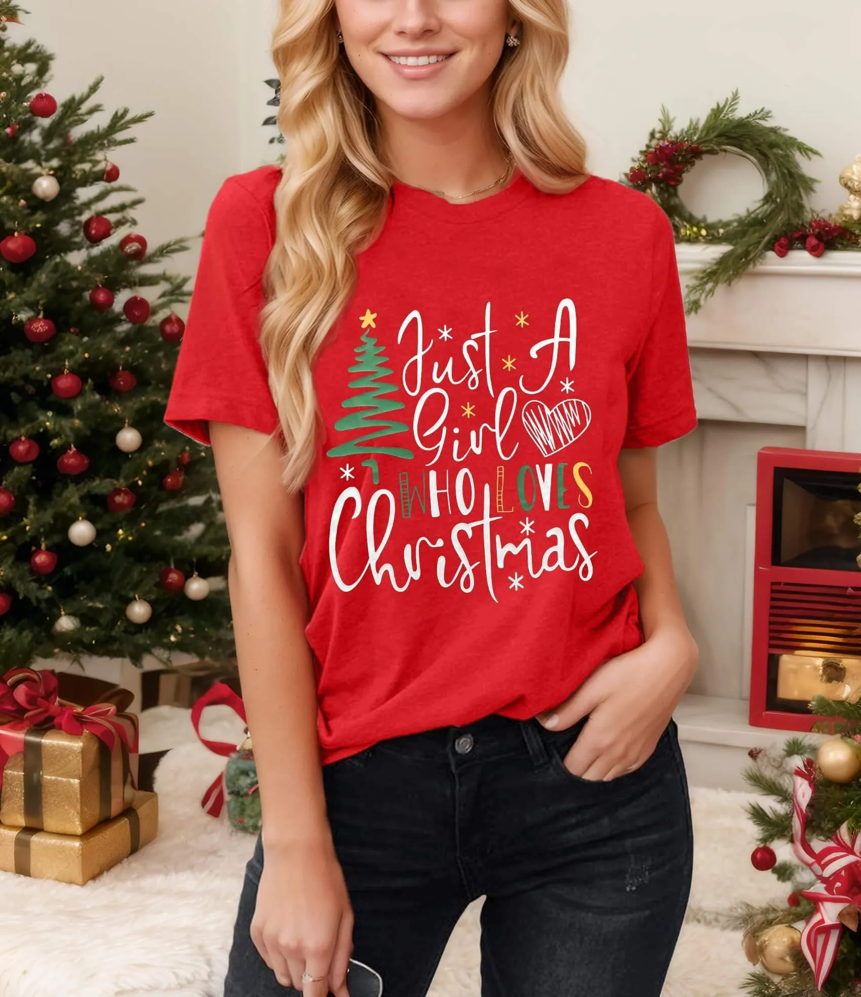 Just A Girl Who Loves Christmas Shirts 2024 Womens Christmas Tops Xmas Tree Holidays Short Sleeve Tshirt Red