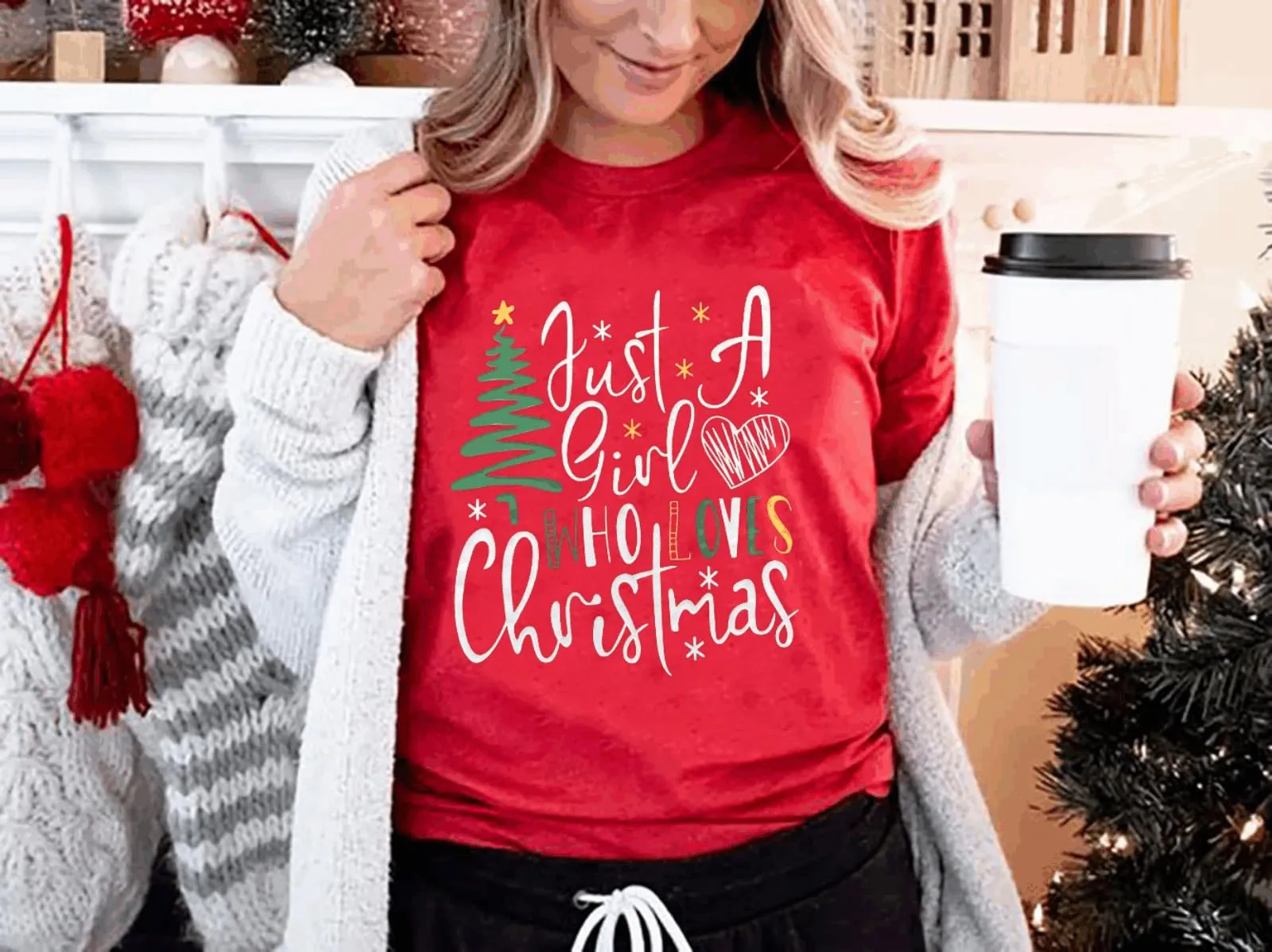 Just A Girl Who Loves Christmas Shirts 2024 Womens Christmas Tops Xmas Tree Holidays Short Sleeve Tshirt Red