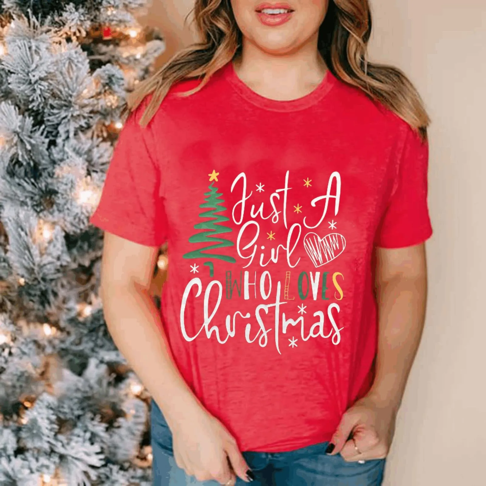 Just A Girl Who Loves Christmas Shirts 2024 Womens Christmas Tops Xmas Tree Holidays Short Sleeve Tshirt Red