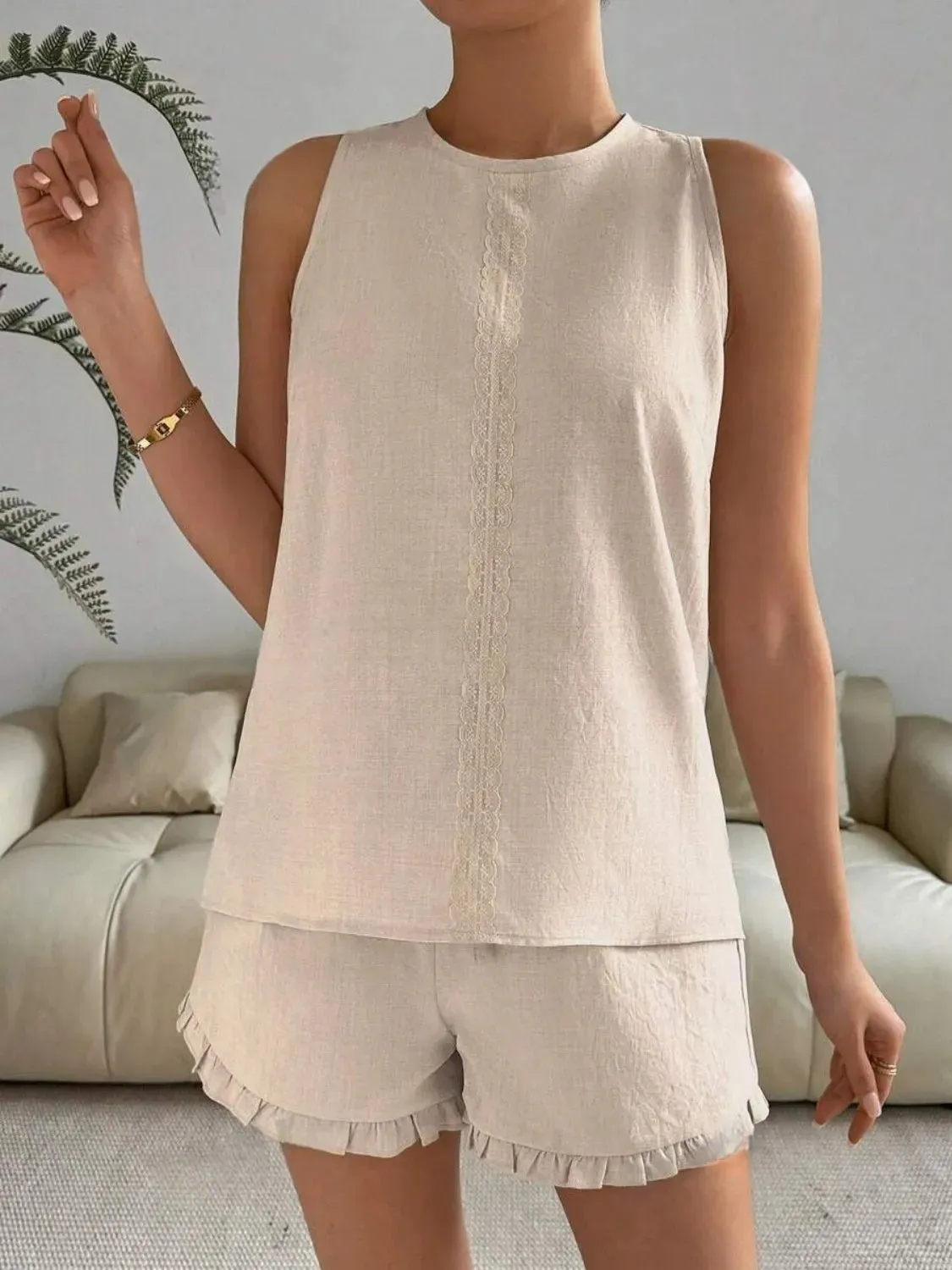 Lace Detail Round Neck Tank and Shorts Set