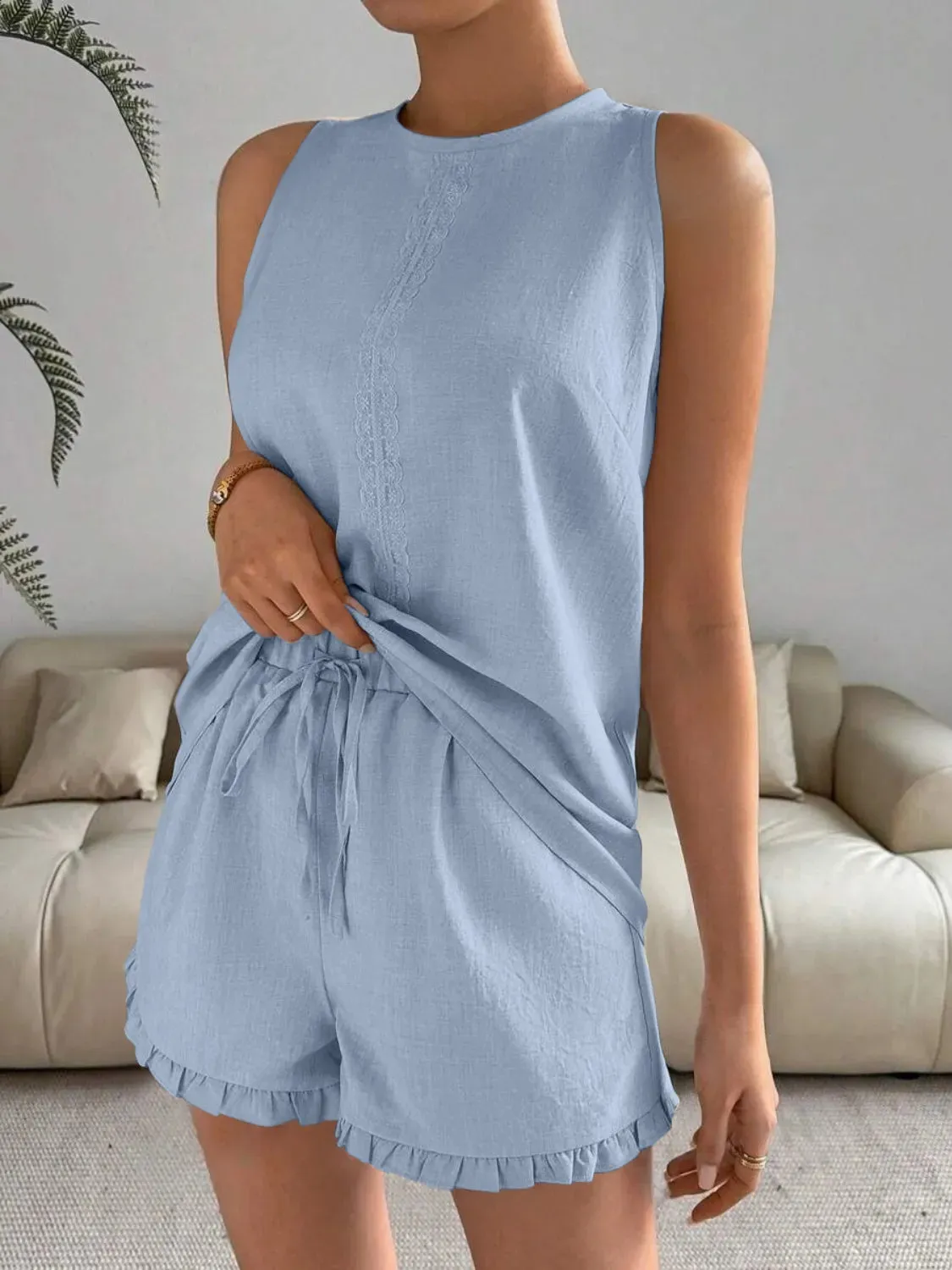 Lace Detail Round Neck Tank and Shorts Set
