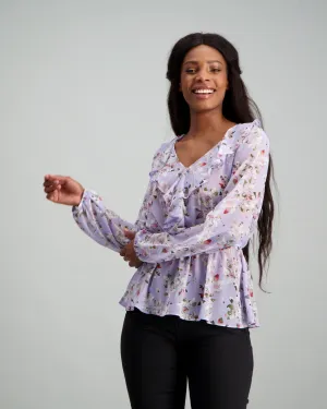 Ladies Floral Ruffle Peplum Blouse - Lilac