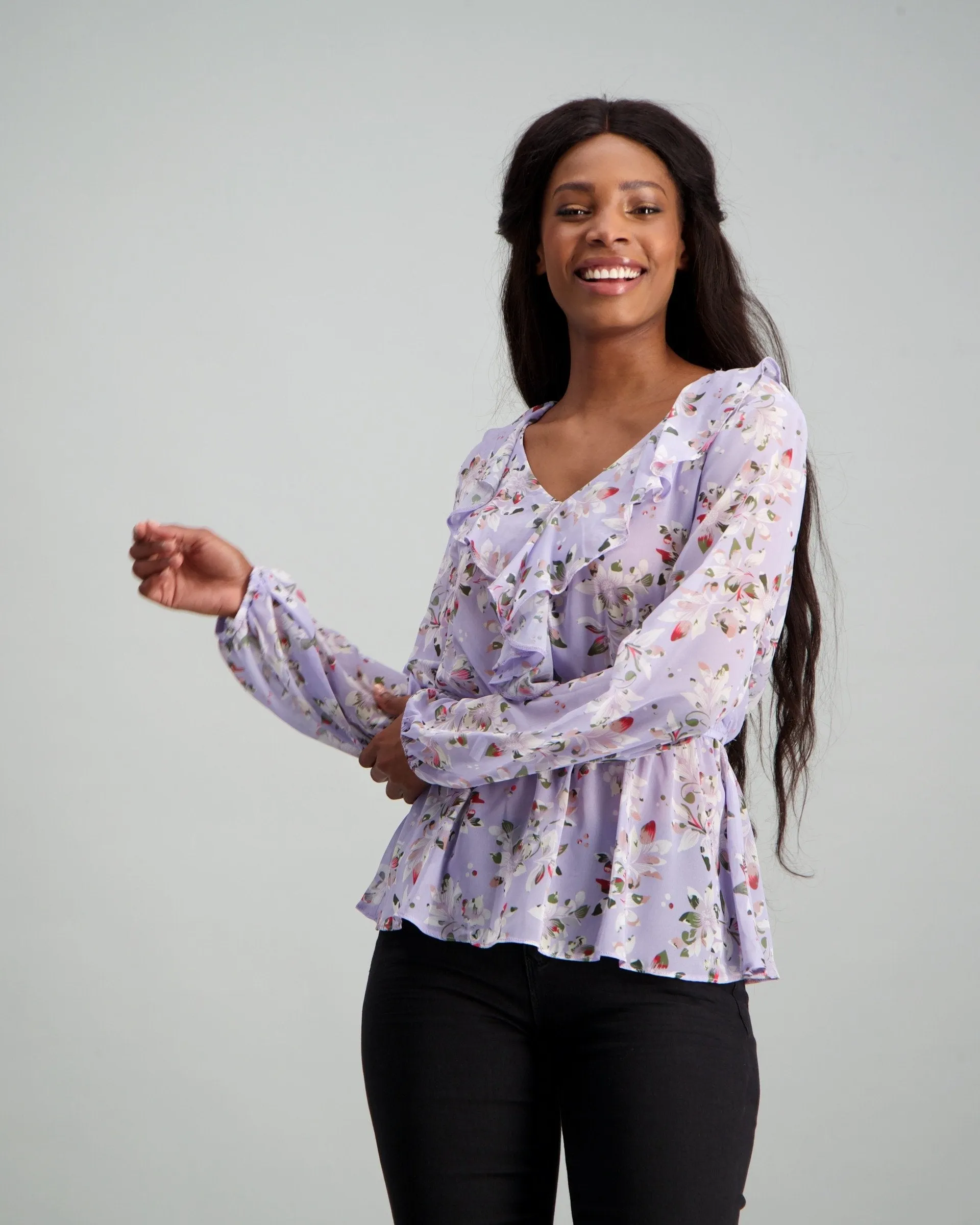 Ladies Floral Ruffle Peplum Blouse - Lilac