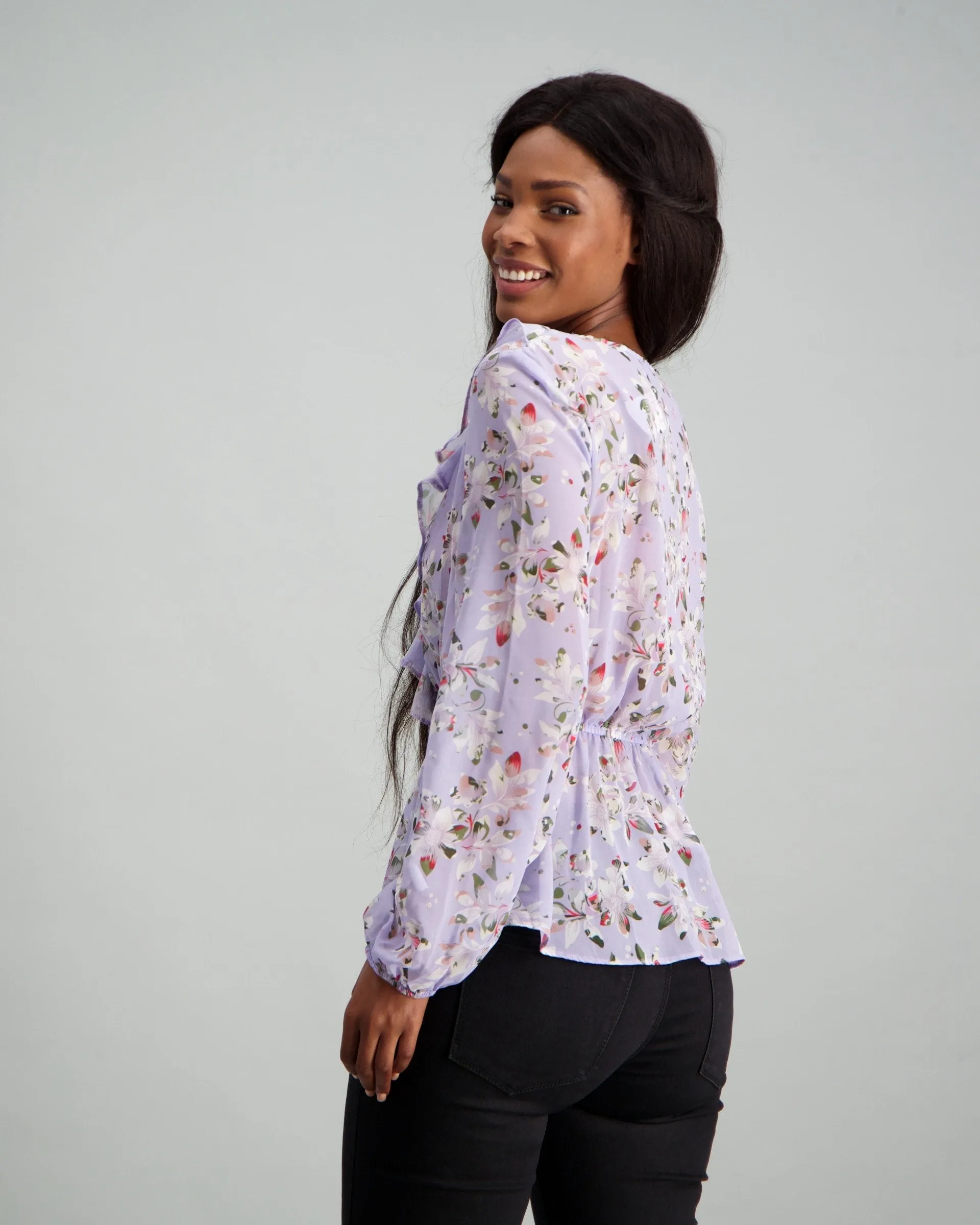 Ladies Floral Ruffle Peplum Blouse - Lilac