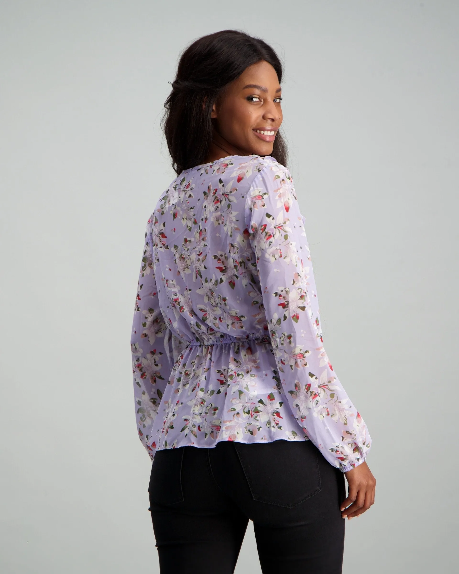 Ladies Floral Ruffle Peplum Blouse - Lilac