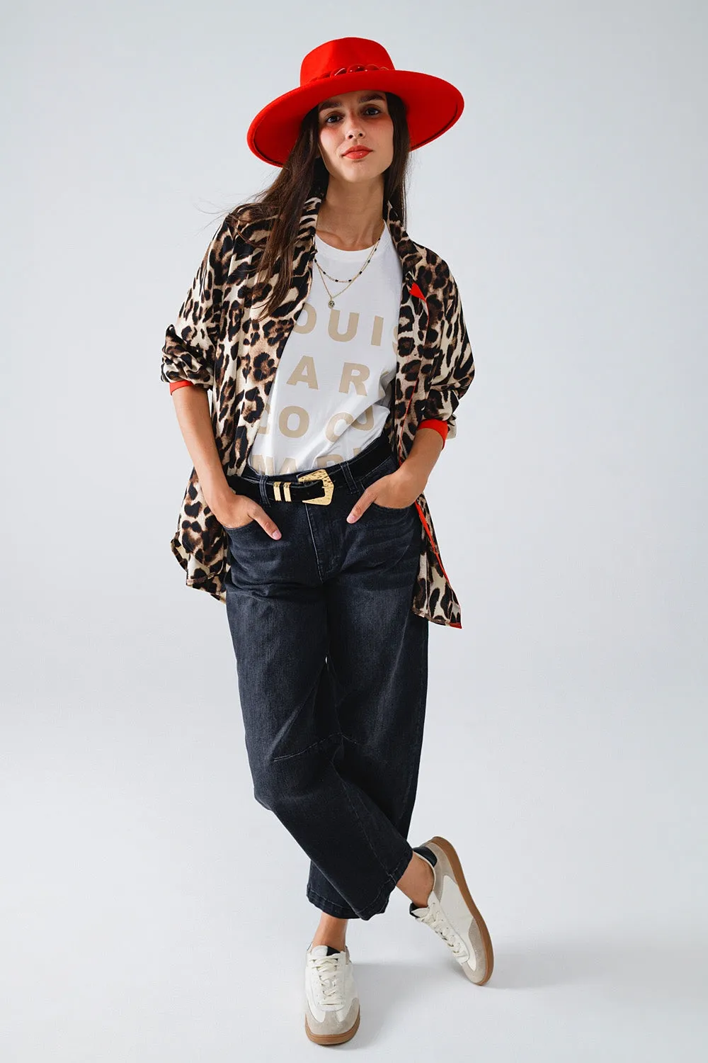 Leopard Shirt WIth Red Button Placket And Red Sleeves Detail