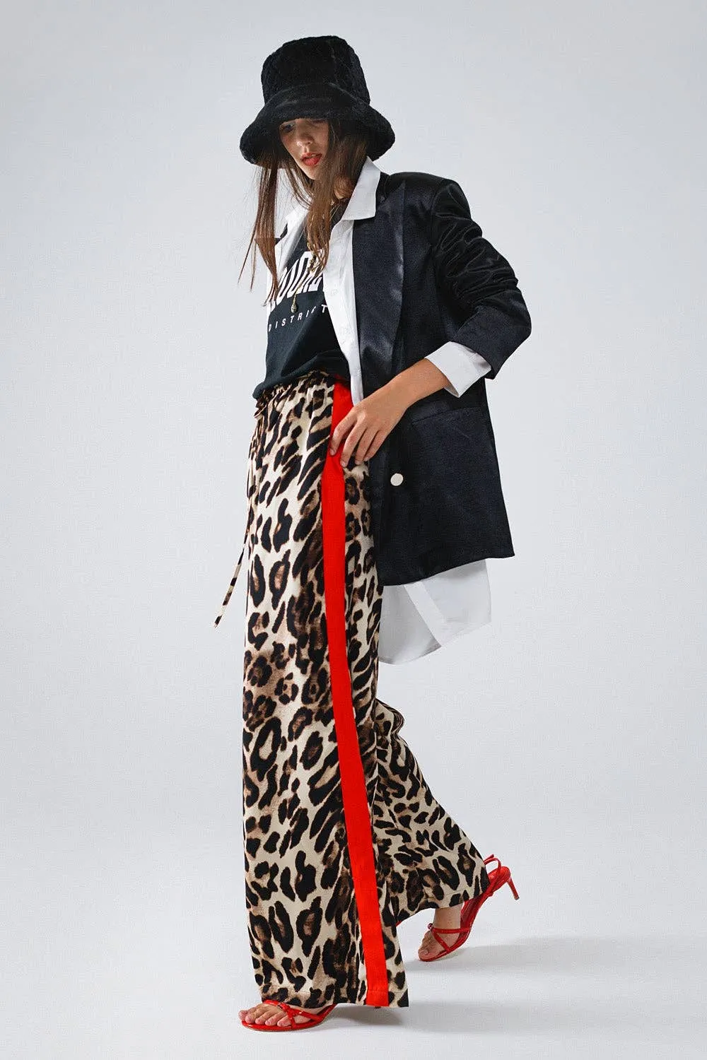 Leopard Straight Trousers With Red Stripes