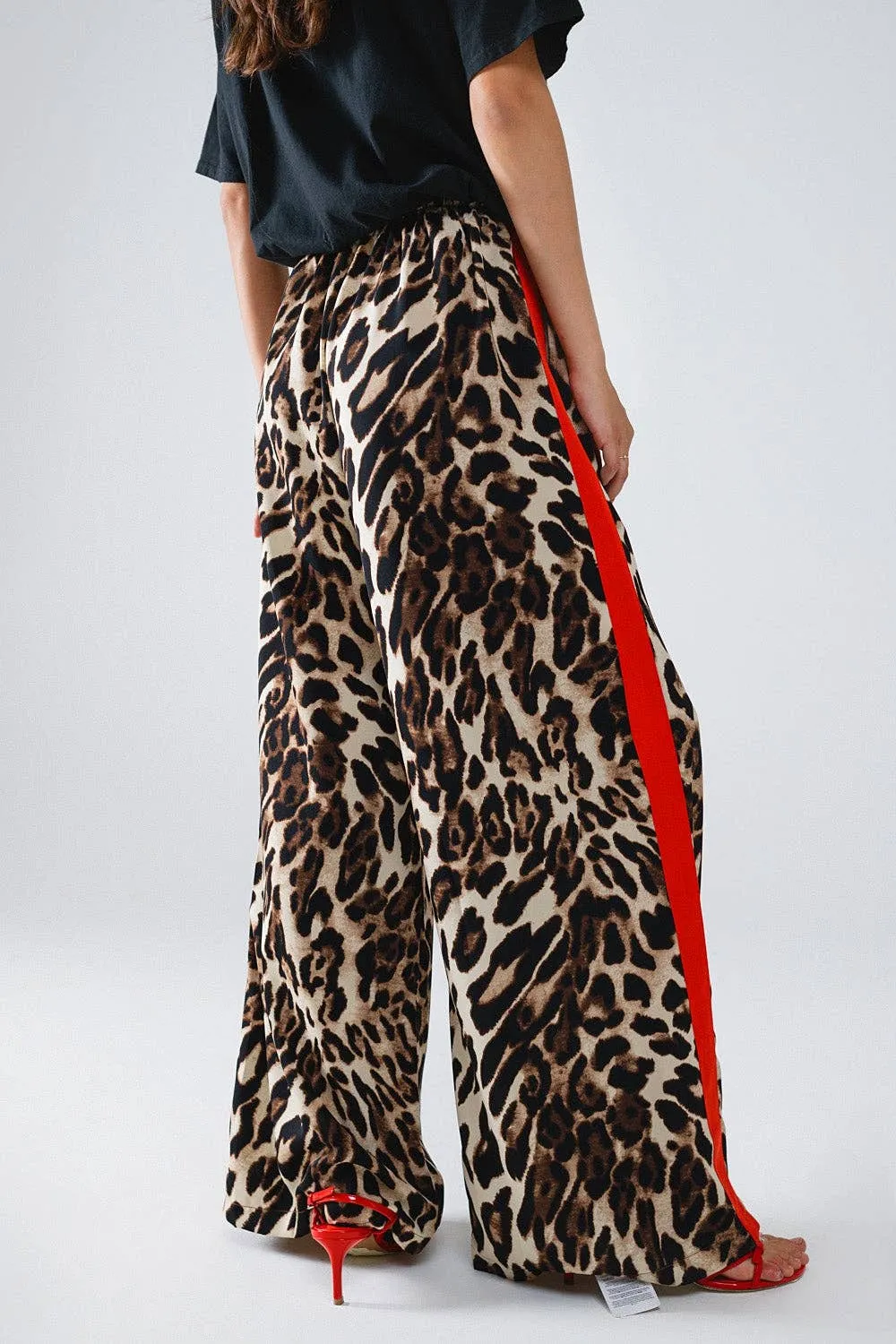 Leopard Straight Trousers With Red Stripes
