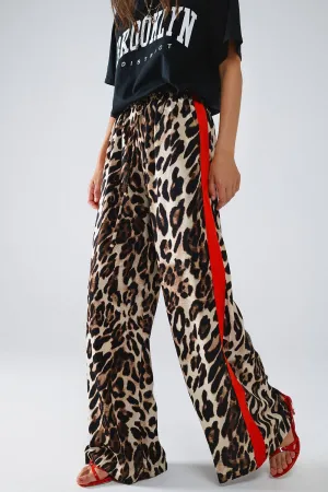 Leopard Straight Trousers With Red Stripes