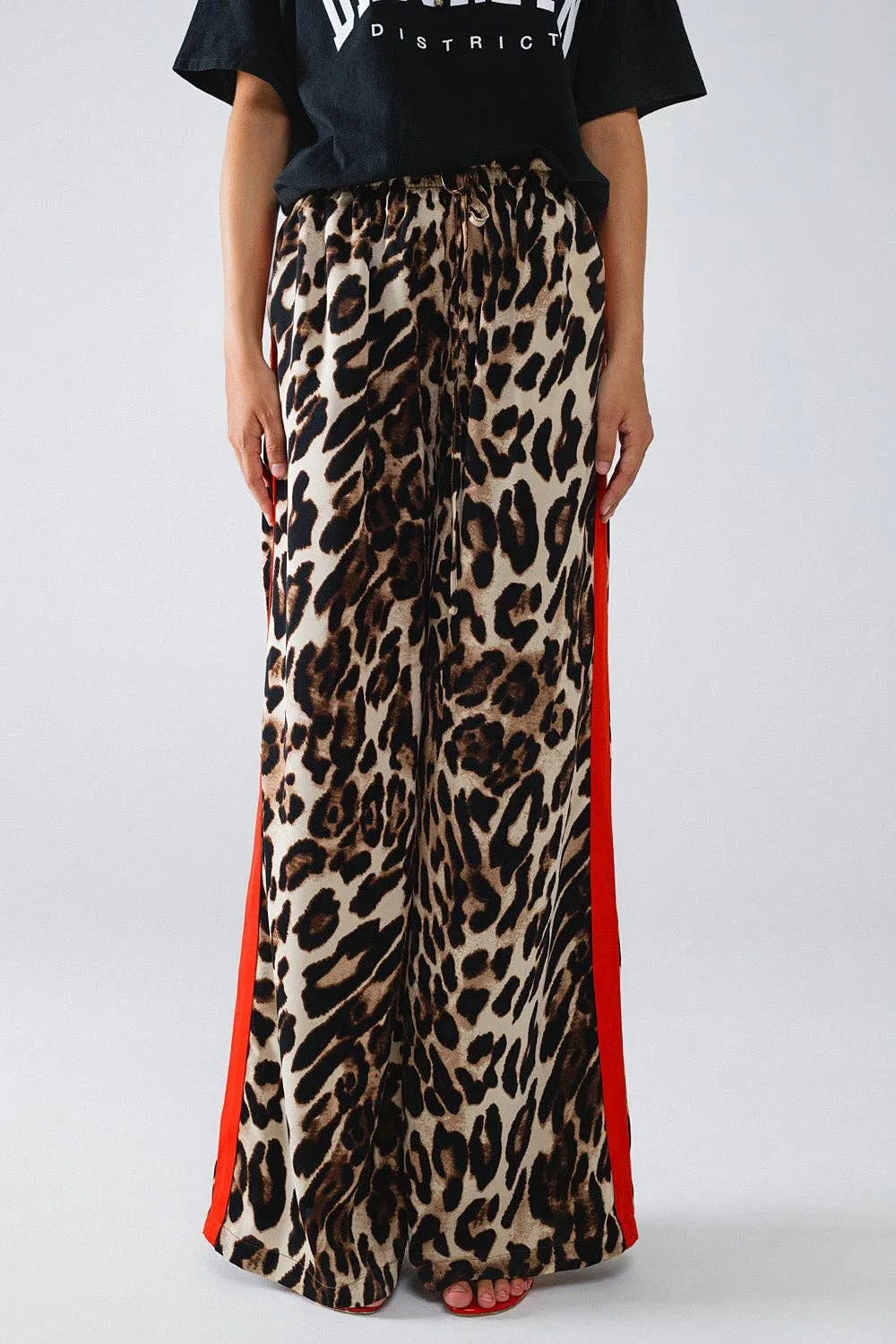 Leopard Straight Trousers With Red Stripes