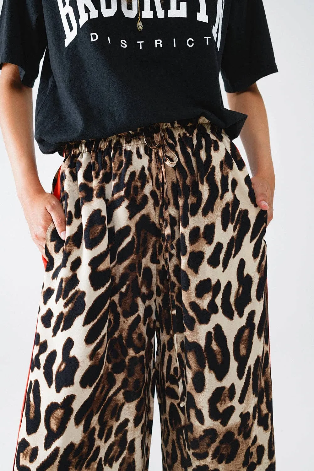 Leopard Straight Trousers With Red Stripes