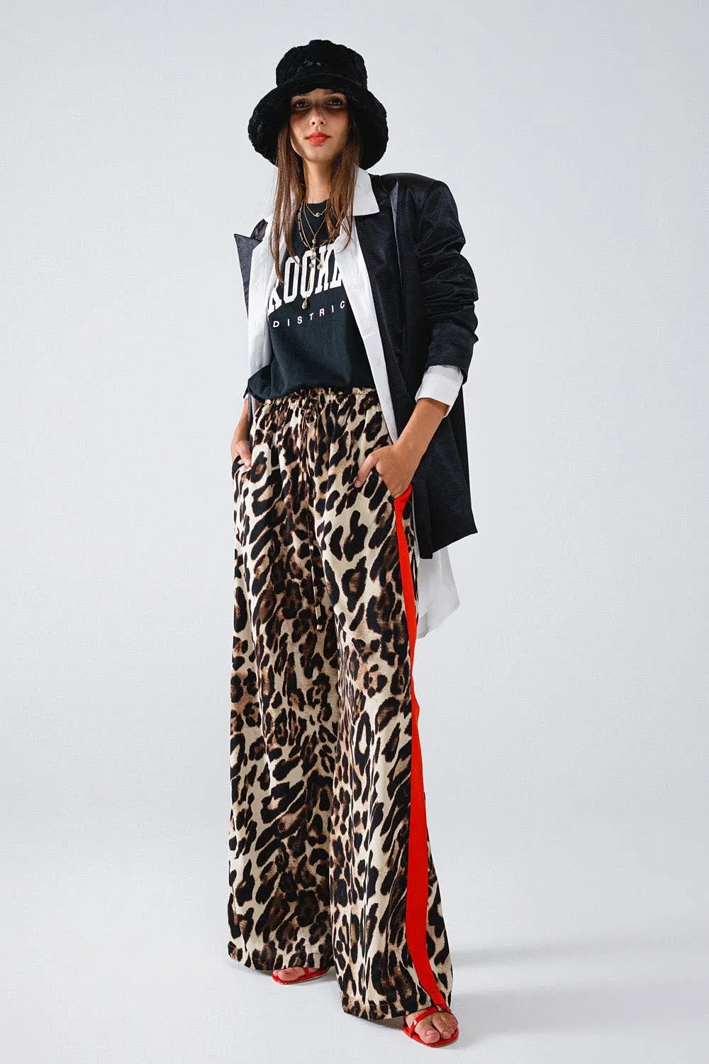Leopard Straight Trousers With Red Stripes
