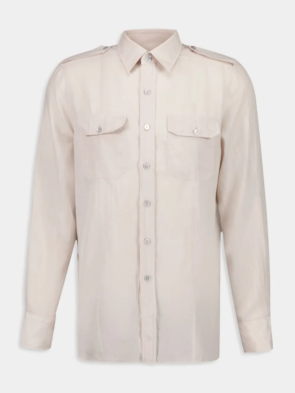 Light Beige Military-Inspired Twill Shirt