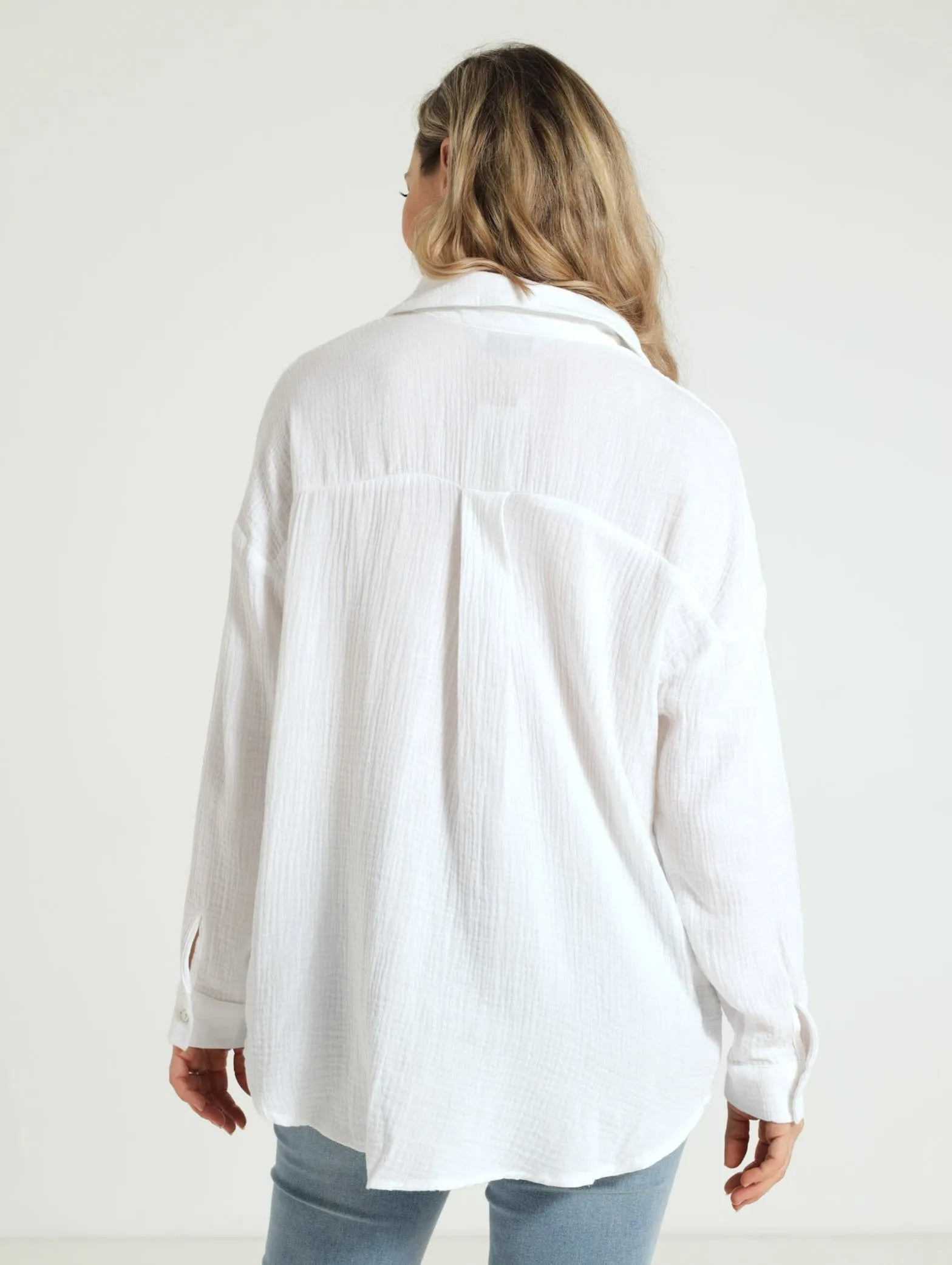 Long Sleeve Oversized Textured Shirt - White