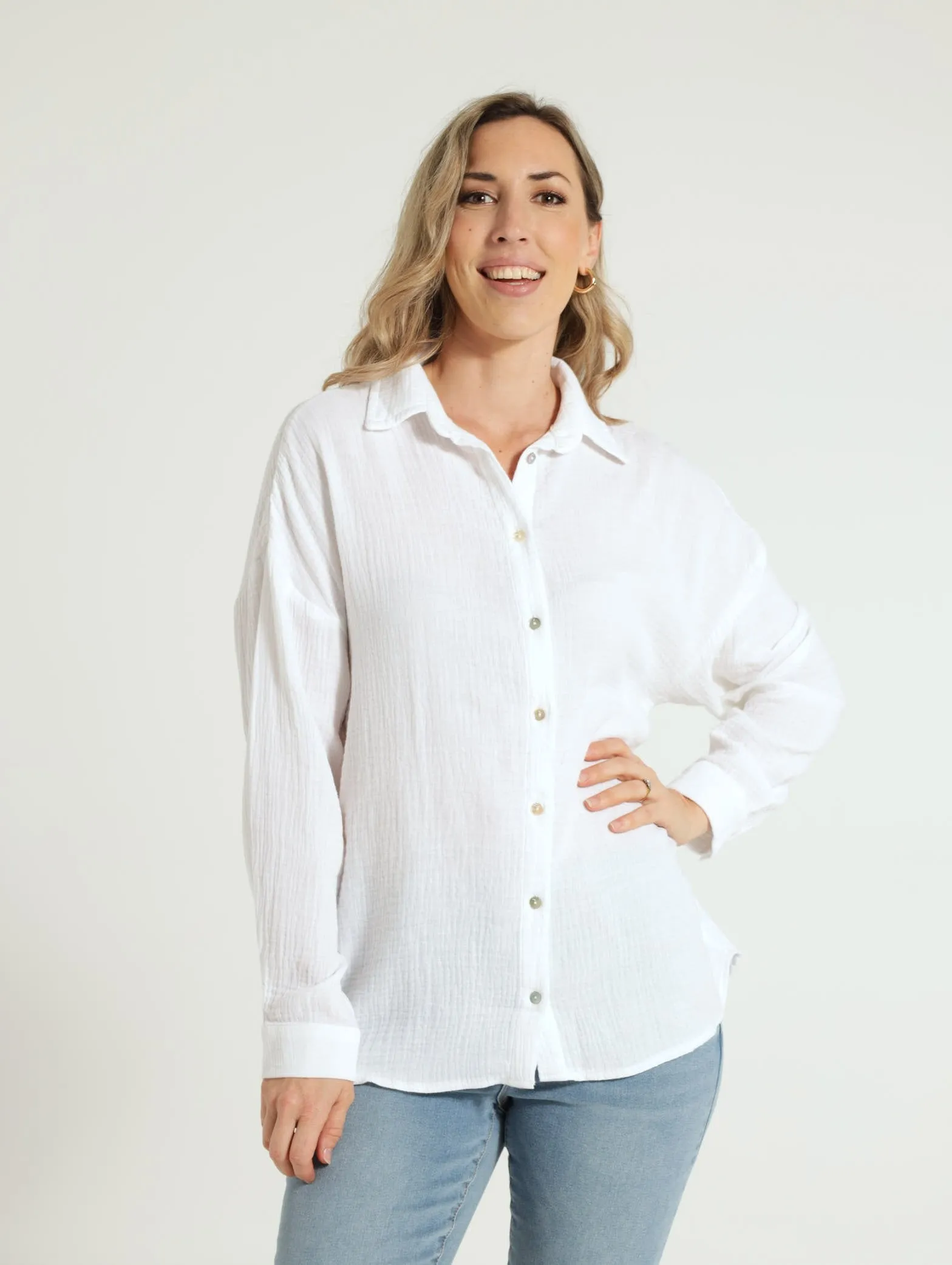 Long Sleeve Oversized Textured Shirt - White