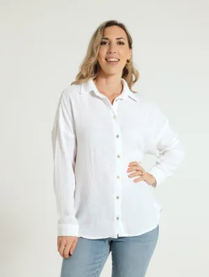 Long Sleeve Oversized Textured Shirt - White