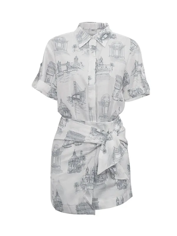 Loose Buttoned Printed Lapel Blouses Tops   Tied Bodycon Skirts Bottom Two Pieces Set