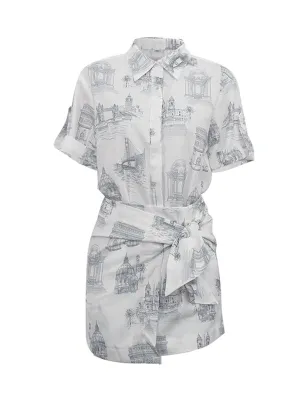 Loose Buttoned Printed Lapel Blouses Tops   Tied Bodycon Skirts Bottom Two Pieces Set
