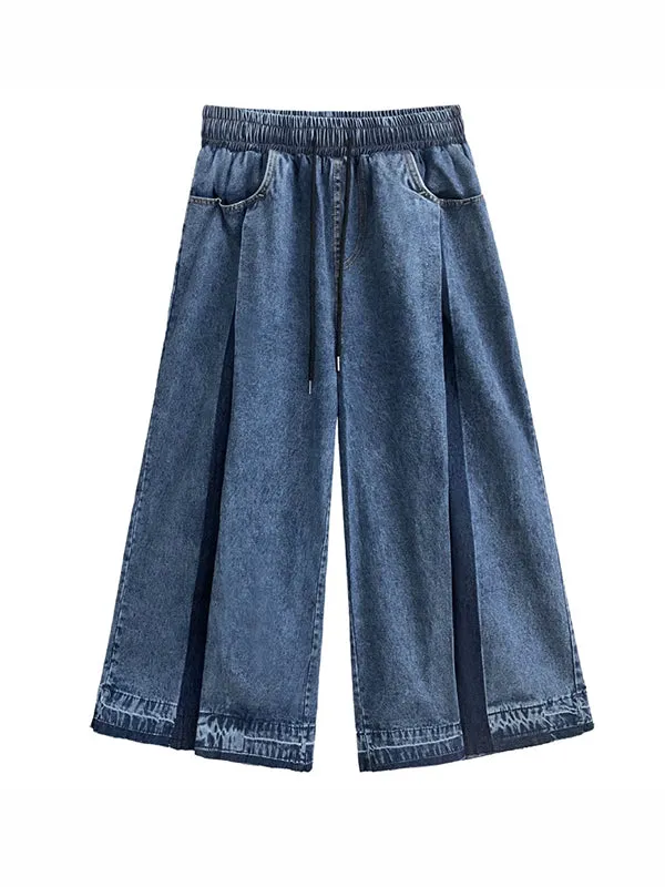 Loose Wide Leg Contrast Color Drawstring Fringed Pockets Jean Pants Bottoms