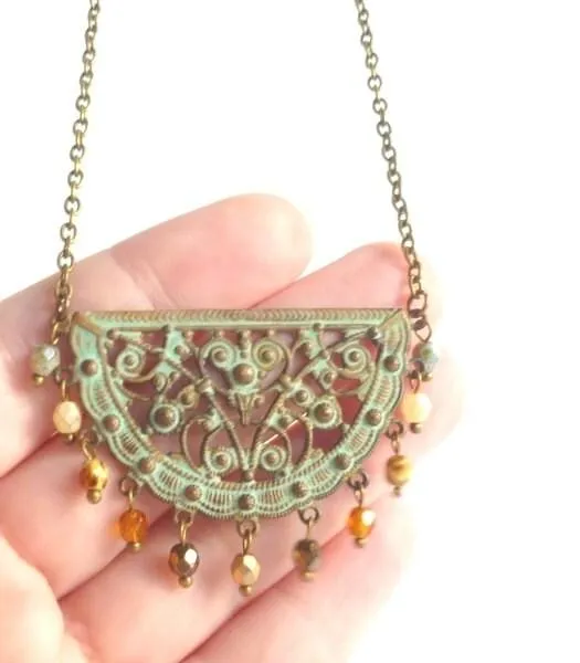 Medallion Necklace, patina necklace, verdigris patina jewelry, semicircle necklace, antique bronze necklace, green patina, bead fringe, half