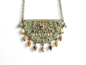 Medallion Necklace, patina necklace, verdigris patina jewelry, semicircle necklace, antique bronze necklace, green patina, bead fringe, half