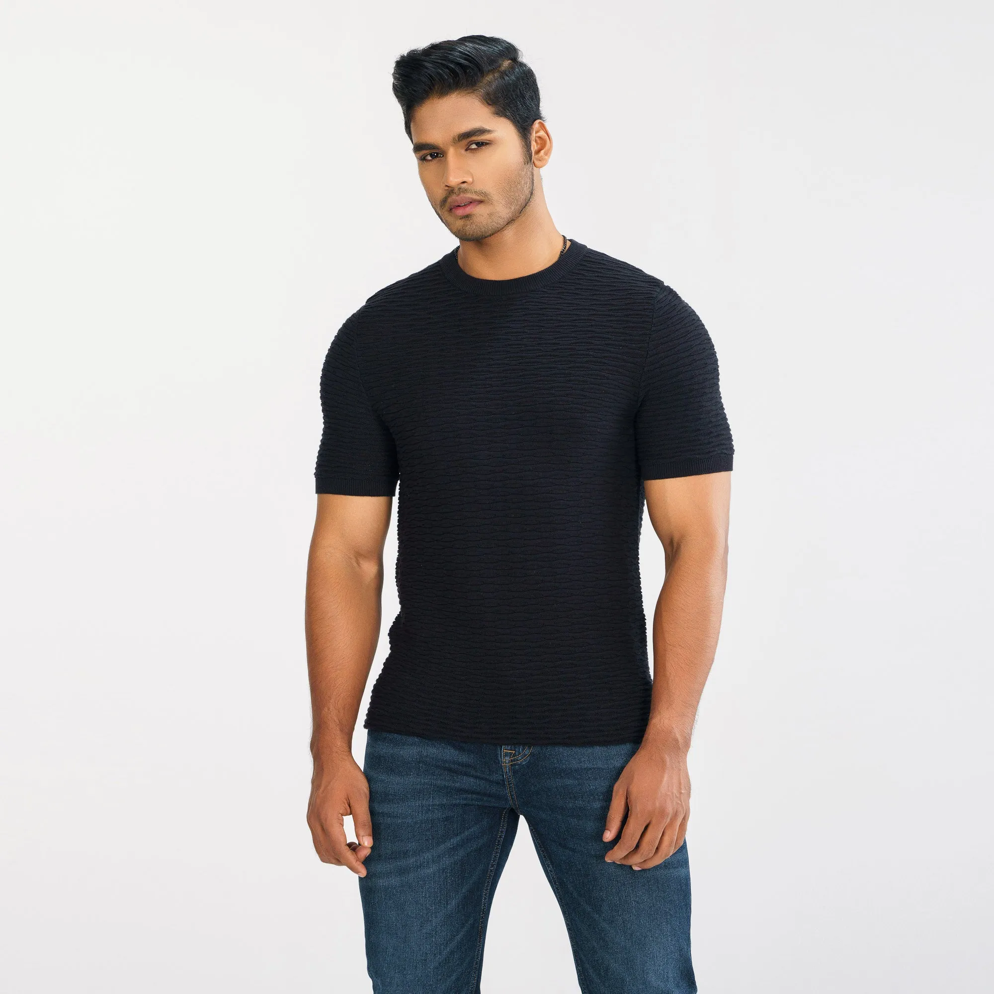 Mens Black Textured Sweater T-Shirt