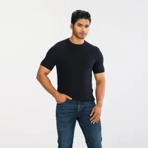 Mens Black Textured Sweater T-Shirt