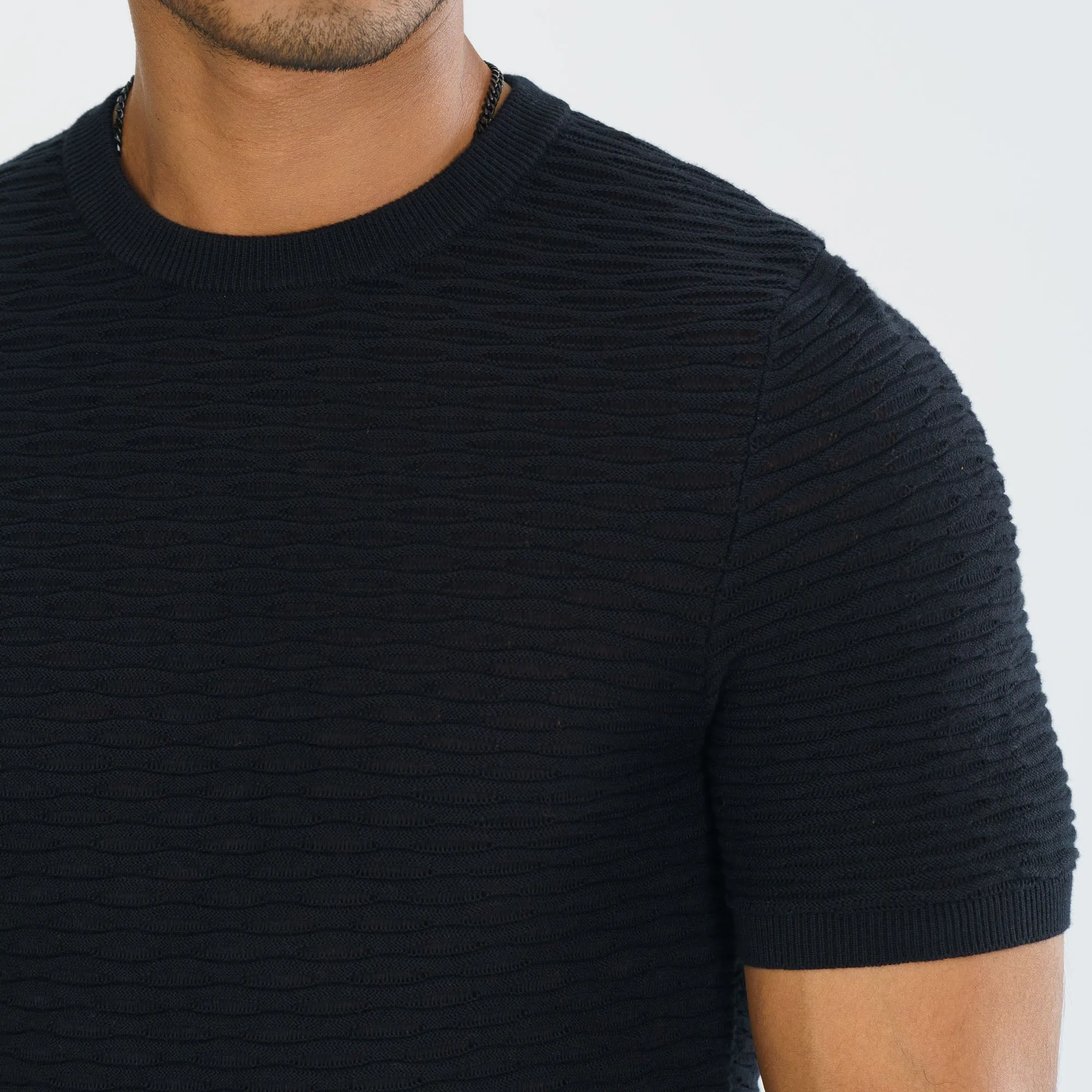 Mens Black Textured Sweater T-Shirt