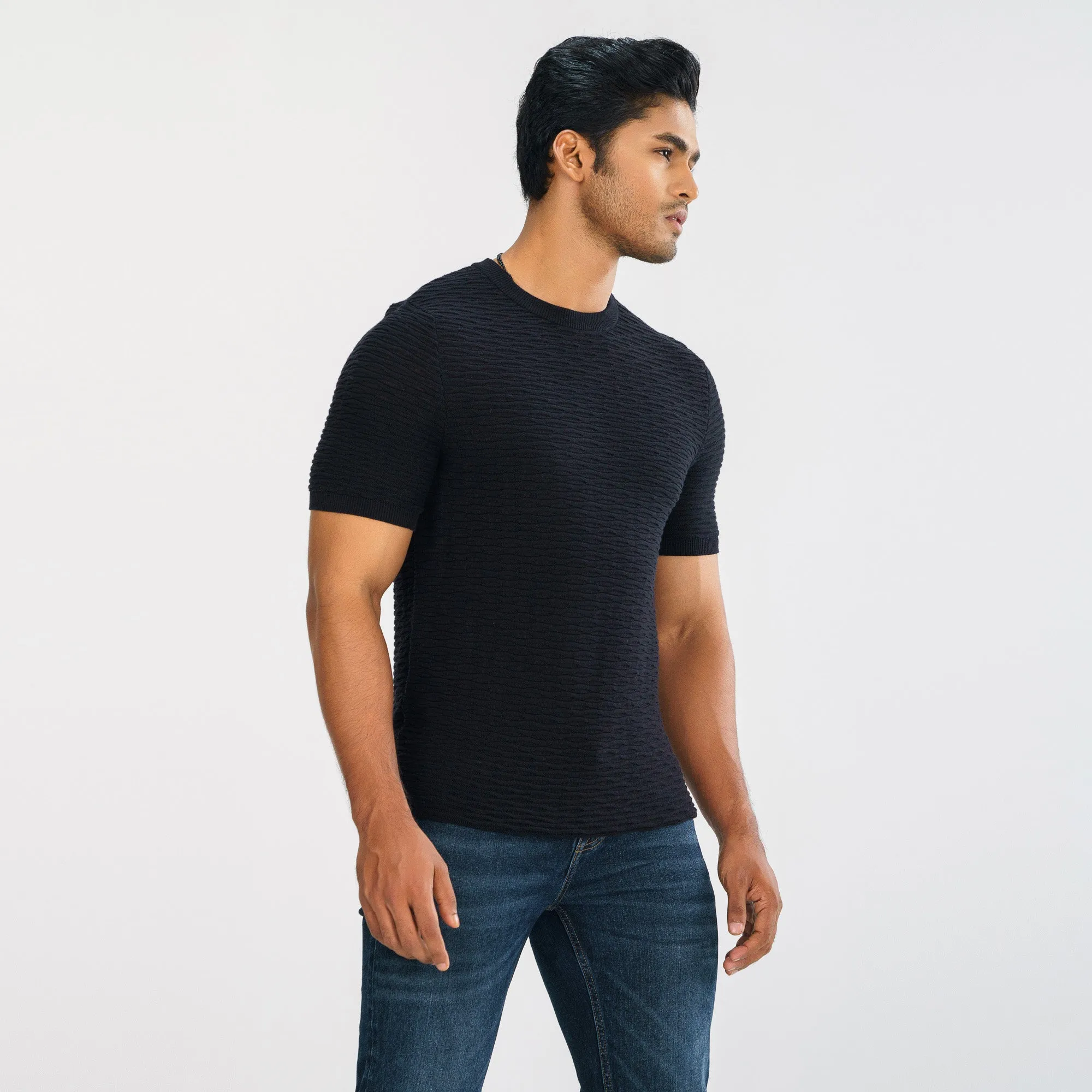 Mens Black Textured Sweater T-Shirt