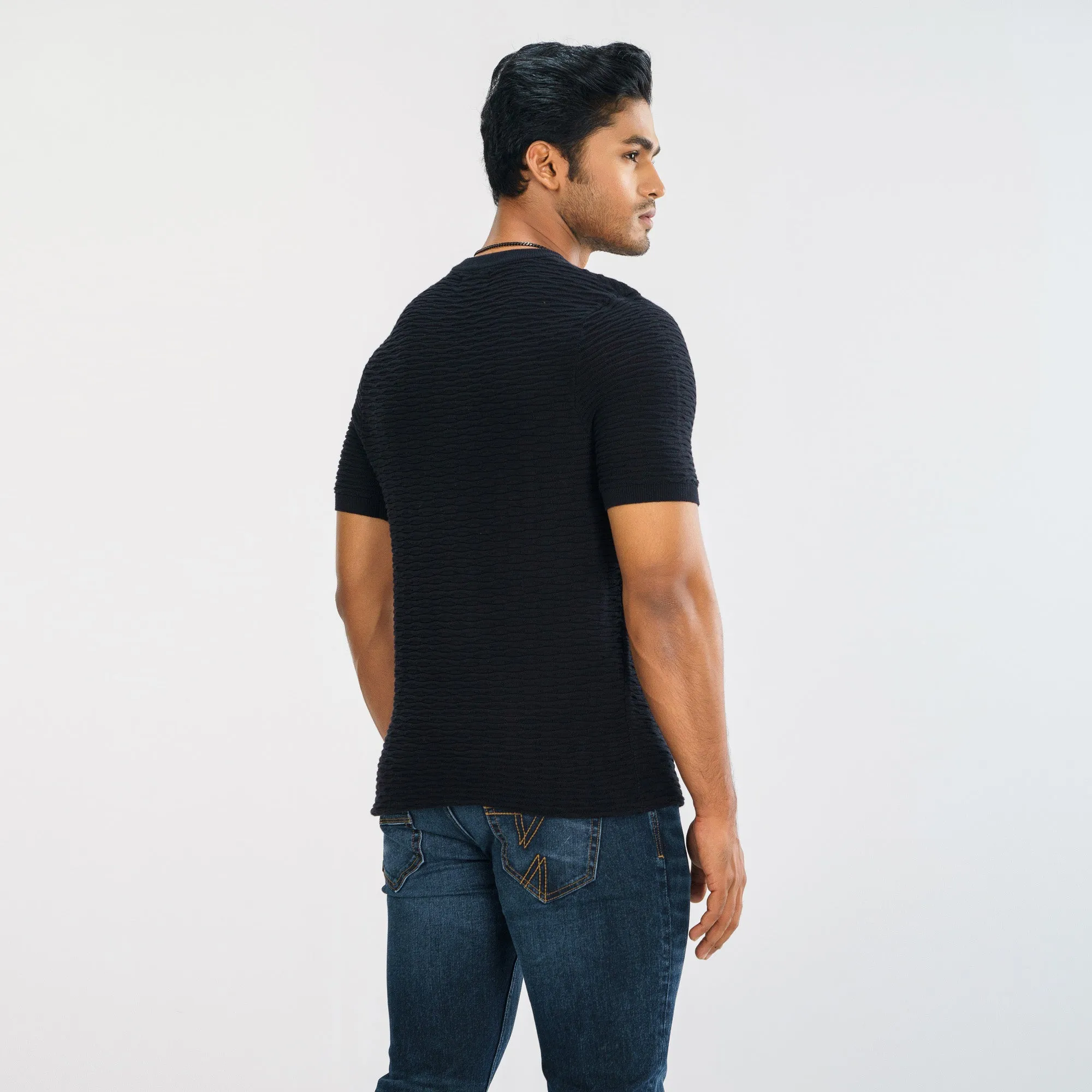Mens Black Textured Sweater T-Shirt