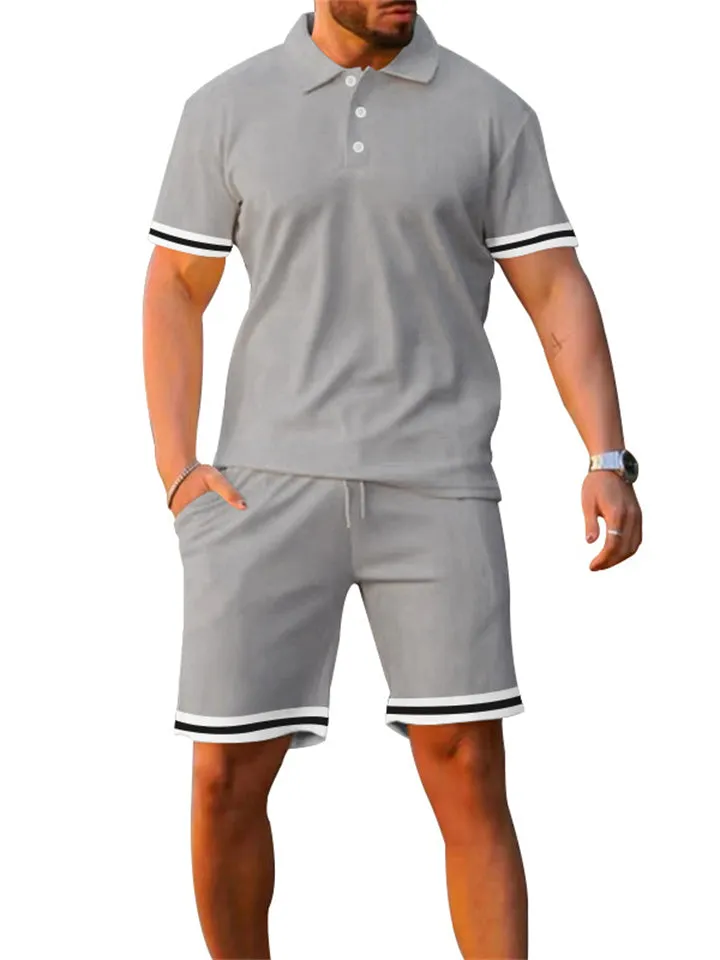 Men's Vacation Style Lapel Pullover Polo Shirt   Sport Shorts