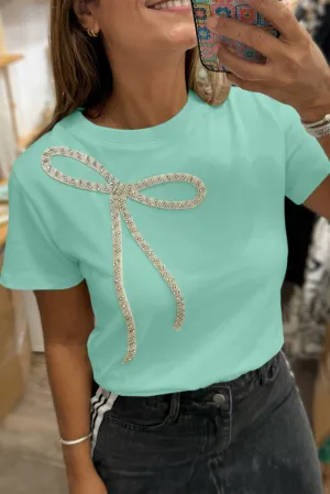Mint Green Rhinestone Bow Embellished Round Neck Tee