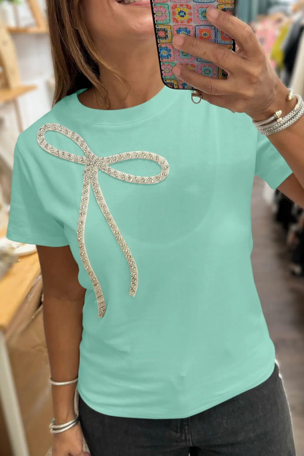 Mint Green Rhinestone Bow Embellished Round Neck Tee