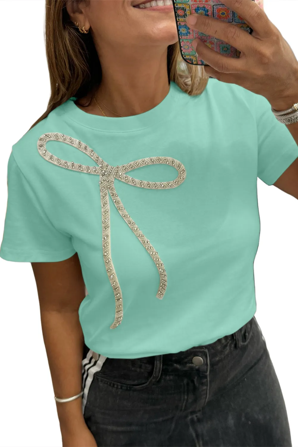 Mint Green Rhinestone Bow Embellished Round Neck Tee