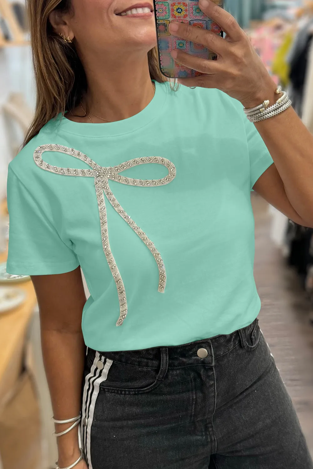 Mint Green Rhinestone Bow Embellished Round Neck Tee