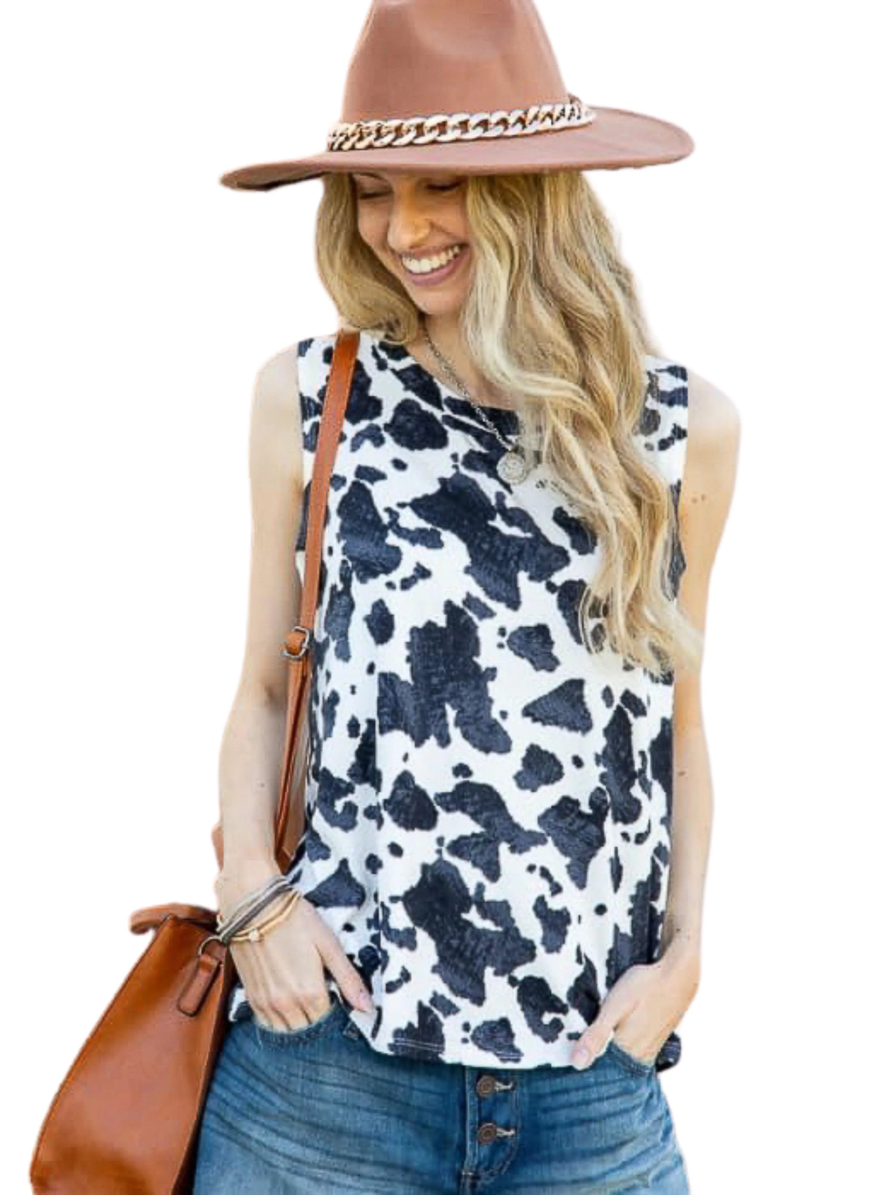 MINT PLUS PINK Women's Summer Loose Tank Sleeveless Animal Print Pattern Crew Neck Tunic Blouse Camisole Top